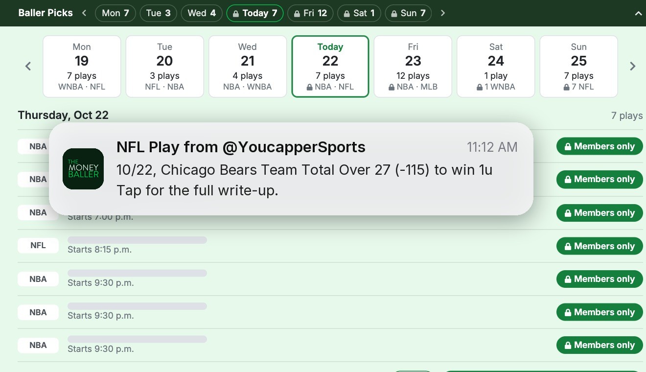 A play alert over the Baller Picks by day